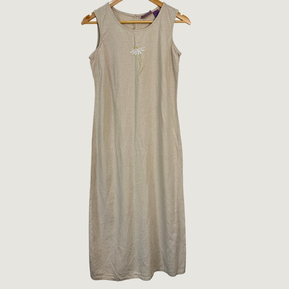Premier International Linen Blend Long Midi Dress Medium Beige Embroidered Daisy